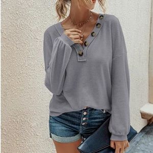 🆕 Waffle Knit Button Detail Long Sleeve | Grey